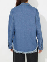 Raw Hem Pearl Trim Collared Neck Denim Top OutfitFlow